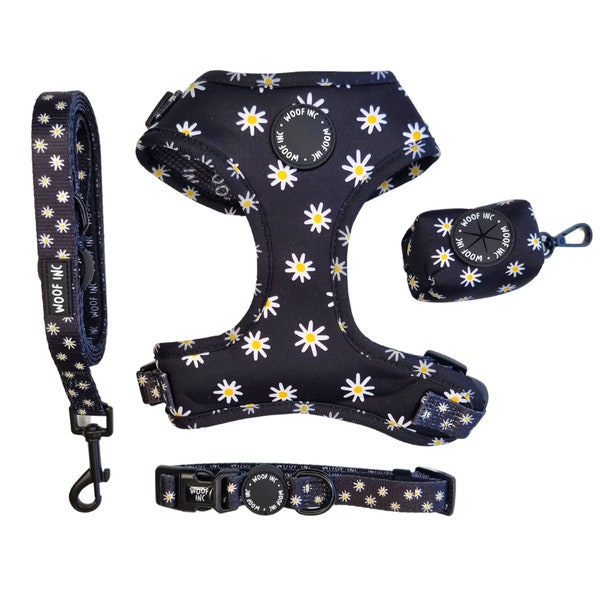 Black Daisy Harness Set, Floral Dog Harness, Dog Harness Black, Fashion Dog Harness, Dog Harness Girl, Adjustable Dog Harness, XXS - L