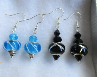 Murano Glass Lamp work Earring's Black And Silver Or Aqua And White--You Choose--Classy Earring's And A Lovely Gift!