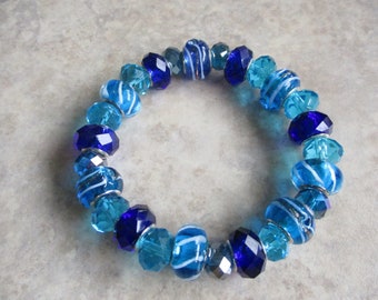 Murano Lampwork Charm Bead's Bracelet! Great Color Combination--Silver--Dark Blue--Aqua Blue Bead's! Strong Elastic--Easy On And Off!