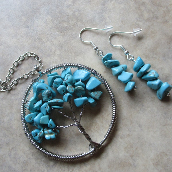 Wire Wrapped Turquoise Tree Of Life Necklace Earring Set!  You Choose Only Necklace Or Complete Set! Beautiful Gift For That Special Gal!