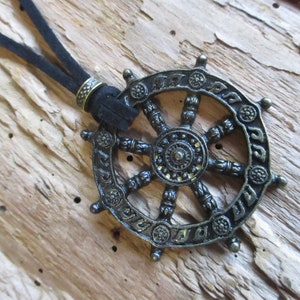 Bronze Wheel Of Life Pendant On Black Cord! Dharma Amulet Wheel Of Life! Samsara Pendant! You Choose Cord Length.