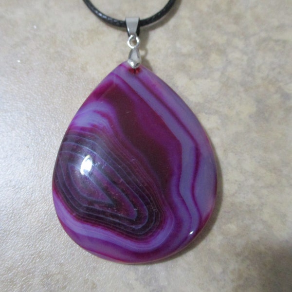 Agate Pendant On Black Cord. Awesome Purple/Lilac/Fuschia/ Stripe Agate. Lovely Pear Shape. Agate--The Calming Grounding Stone.