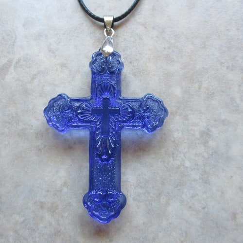 Crystal Cross on Black Cord. Beautiful Blue Carved Crystal Etsy