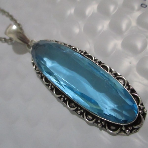 Blue Topaz Crystal Quartz Pendant On Your Length Of Link Chain! Large Antique Design Blue Topaz Pendant! December Birthstone!
