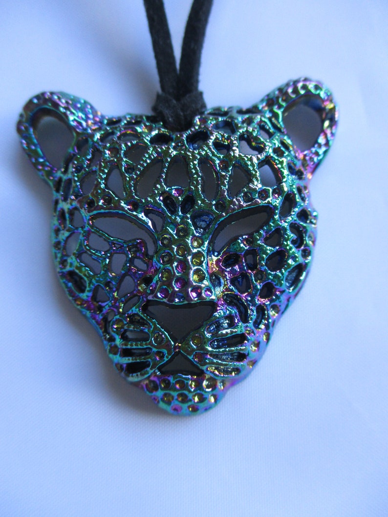 Leopard Head Pendant On Long Black Cord A One Of A Kind Gift. The Color/'s Here Are Totally Stunning--Purple--Green--Blue