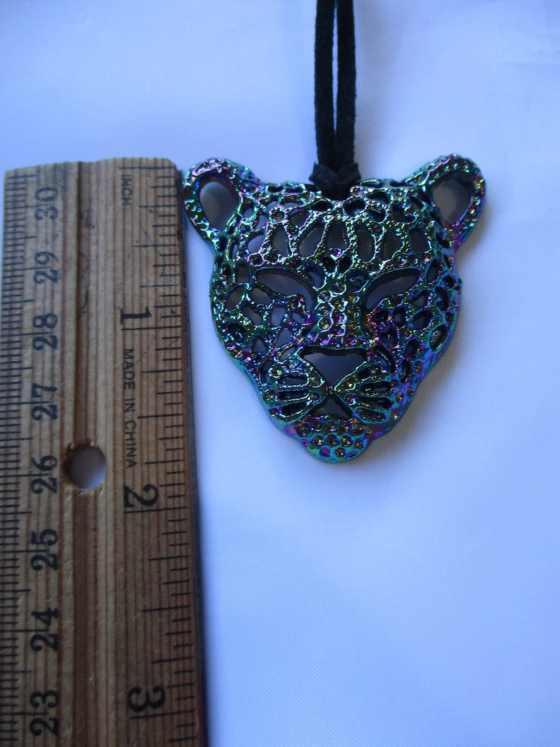 Leopard Head Pendant On Long Black Cord A One Of A Kind Gift. The Color/'s Here Are Totally Stunning--Purple--Green--Blue