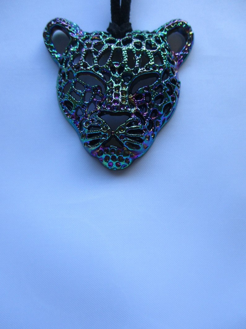 Leopard Head Pendant On Long Black Cord A One Of A Kind Gift. The Color/'s Here Are Totally Stunning--Purple--Green--Blue