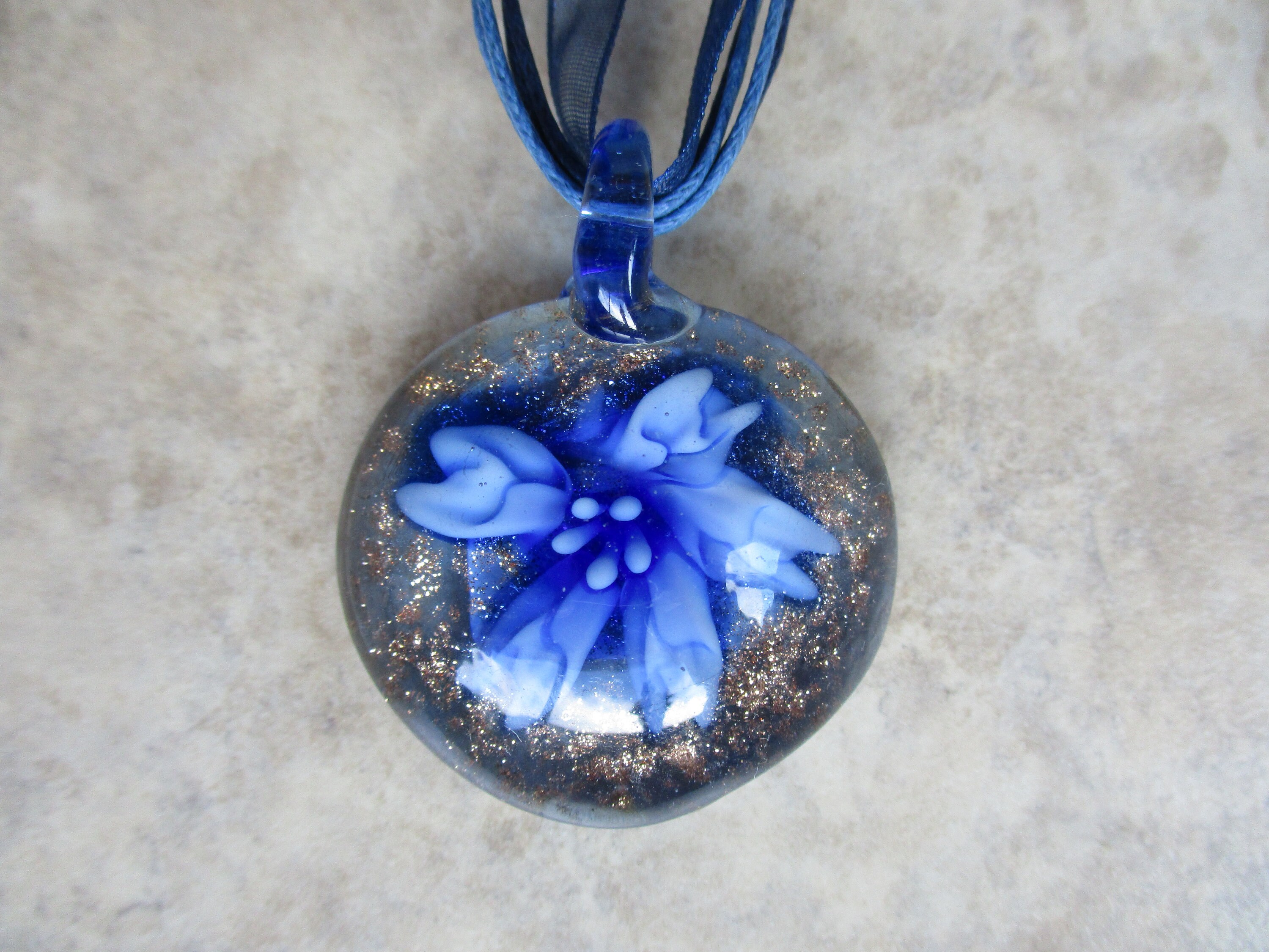 Blown Glass Murano Lampwork Glass Flower Pendant With Tons Of Gold Sparkle. You Choose Ribbon Cord Or Black Cord Of Your Length