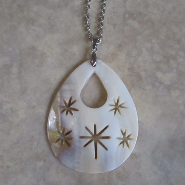 Shell Pendant On Link Chain! Huge Natural Shell With Star Cut Outs!  Pretty Pearly Luster! Beach--Nautical--Sea Things!