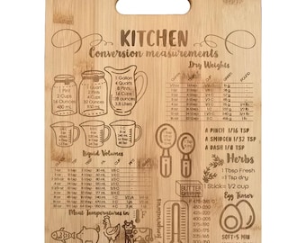 May include: A brown wooden cutting board with engraved kitchen conversion measurements, including dry weights, liquid volumes, meat temperatures, and oven temperatures. The board also includes a section for herbs and an egg timer.