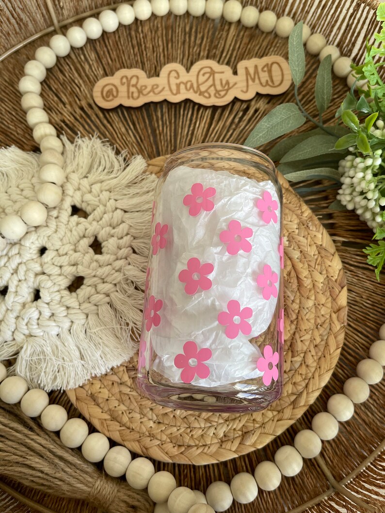 Flower Cup, Beer can glass, Glass can, Bamboo lid, Beer glass, Beer can glass with straw, Cup with bamboo lid, Flower Glass, Daisy cup image 3