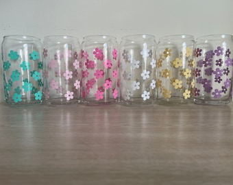 Flower Cup, Beer can glass, Glass can, Bamboo lid, Beer glass, Beer can glass with straw, Cup with bamboo lid, Flower Glass, Daisy cup