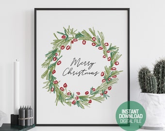 Merry Christmas Print, Holiday decor, Christmas Wreath, Christmas Card, Christmas Printables, Download Art Print, Christmas Decorations