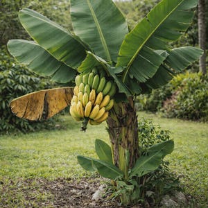 Könnte beinhalten: Eine Bananenpflanze mit einem dicken, strukturierten Stamm und großen, breiten grünen Blättern. Eine zentrale Bananenstaude hängt am Stiel und zeigt eine Mischung aus grünen und gelben Schalen. Ein unteres Blatt ist teilweise vertrocknet und gelblich.