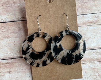 Brown, Black and Tan Leopard Acrylic Circle Dangle Earrings, Stylish Trendy Animal Print, Stainless Steel Jewelry Earrings