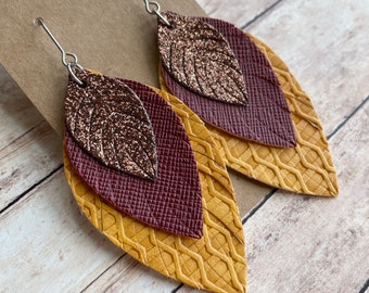 Brown Glitter, Maroon Red and Mustard Yellow Triple Layered Faux Leather Dangle Earrings, Trendy Fringed Stainless Steel Jewelry