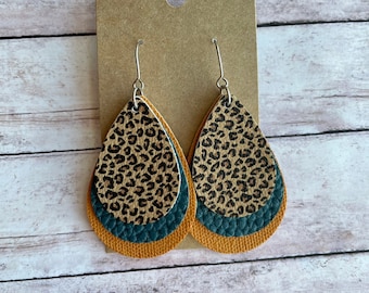 Leopard Print, Dark Teal and Mustard Triple Layered Faux Leather Stainless Steel Earrings