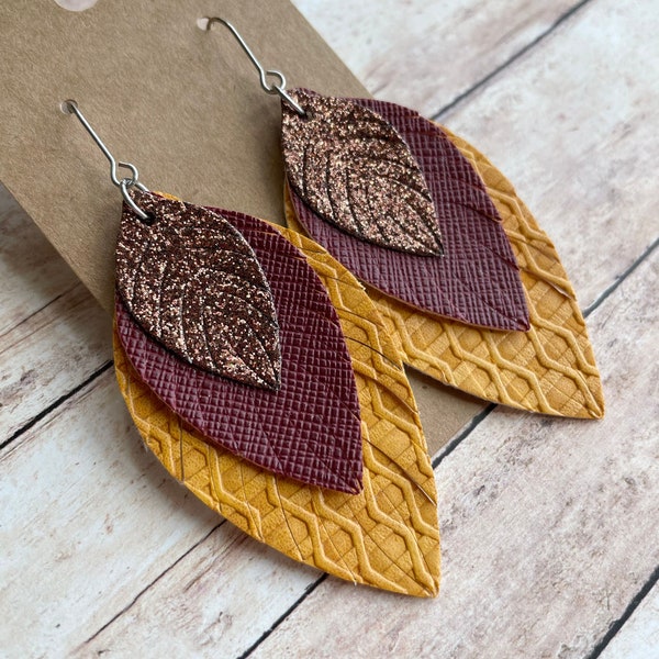 Brown Glitter, Maroon Red and Mustard Yellow Triple Layered Faux Leather Dangle Earrings, Trendy Fringed Stainless Steel Jewelry