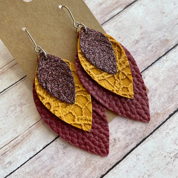 Brown Glitter, Mustard Yellow and Maroon Red Triple Layered Faux Leather Dangle Earrings, Trendy Fringed Stainless Steel Jewelry