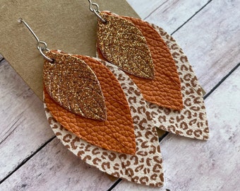 Copper Glitter, Orange and Leopard Print Triple Layered Faux Leather Stainless Steel Earrings