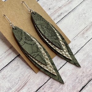 Olive Green, Light Metallic Pewter and Olive Green Triple Layered Faux Leather Dangles, Trendy Thin Fringed Feathers Stainless Steel Jewelry