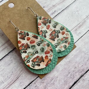 Pumpkins/Trucks Print and Light Teal Double Layered Faux Leather Dangles, Trendy Stainless Steel Jewelry