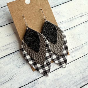 Black, Pewter and Plaid Triple Layered Faux Leather Stainless Steel Earrings