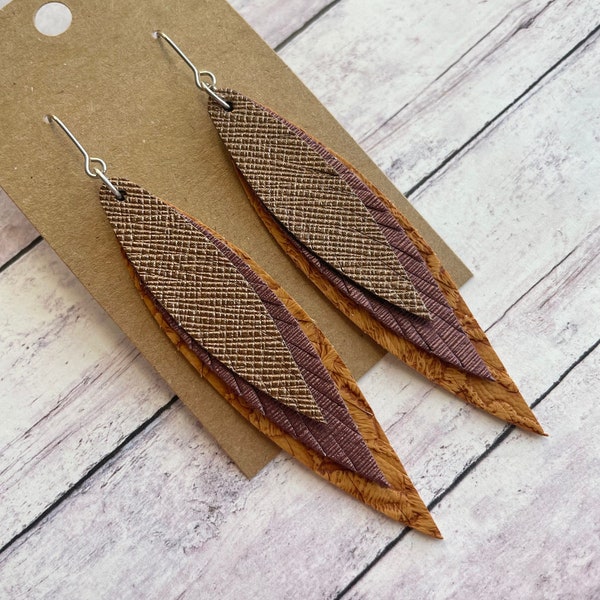 Bronze, Muted Purple and Tawny Brown Triple Layered Faux Leather Dangles, Trendy Thin Fringed Feathers Stainless Steel Jewelry