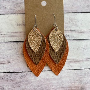 Gold, Brown and Orange Triple Layered Faux Leather Dangles, Trendy Fringed Stainless Steel Jewelry