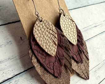 Champagne, Dark Purple and Bronze Triple Layered Faux Leather Stainless Steel Earrings