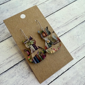 Colorful Floral Books Acrylic Cat Stainless Steel Earrings