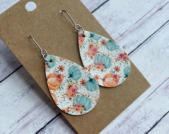 Floral Pumpkin Print Single Layer Small Teardrop Faux Leather Stainless Steel Earrings