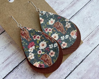Floral Highland Cow Print and Brown Double Layered Faux Leather Stainless Steel Earrings