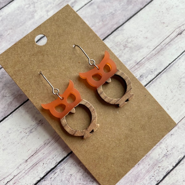 Orange Resin and Wood Owl Dangle Earrings, Cute Trendy Stainless Steel Jewelry