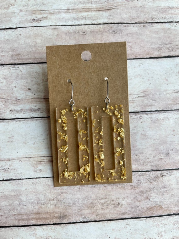 Gold rectangle dangle on sale earrings