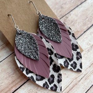 Dark Gray Glitter, Mauve and Leopard Print Triple Layered Faux Leather Dangles, Trendy Animal Pattern Fringed Stainless Steel Jewelry