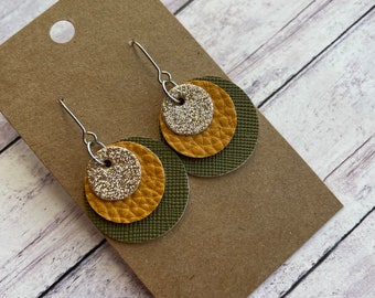 Short Champagne Glitter, Mustard and Olive Triple Layered Faux Leather Stainless Steel Earrings