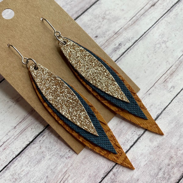 Champagne Glitter, Navy Blue and Light Tawny Brown Triple Layered Faux Leather Dangles, Trendy Thin Fringed Feathers Stainless Steel Jewelry