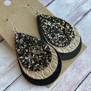 Black/Light Gold Glitter, Champagne and Metallic Black Triple Layered Faux Leather Dangles, Trendy Stainless Steel Jewelry