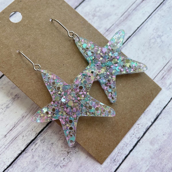 Pastel Acrylic Starfish Dangle Earrings, Trendy Stainless Steel Jewelry