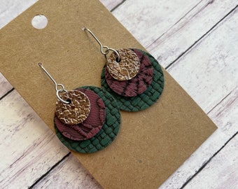 Short Brown, Dark Purple and Dark Green Triple Layered Faux Leather Stainless Steel Earrings