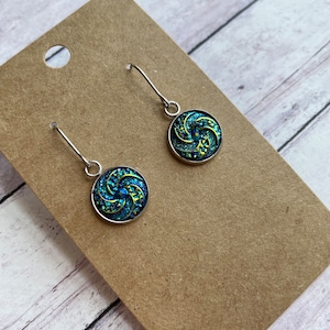 Short Dark Blue and Gold Swirl Dangle Earrings, Trendy Sparkly Iridescent Stainless Steel Jewelry