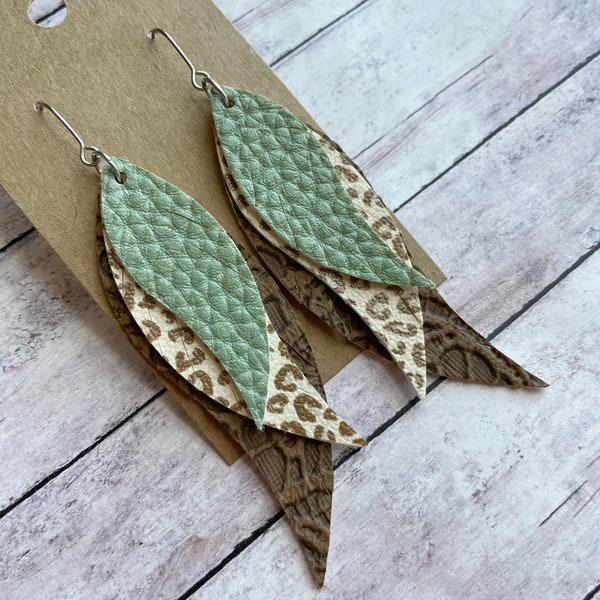 Sage Green, Leopard Print and Brown Triple Layered Faux Leather Dangles, Trendy Fringed Feathers Stainless Steel Jewelry