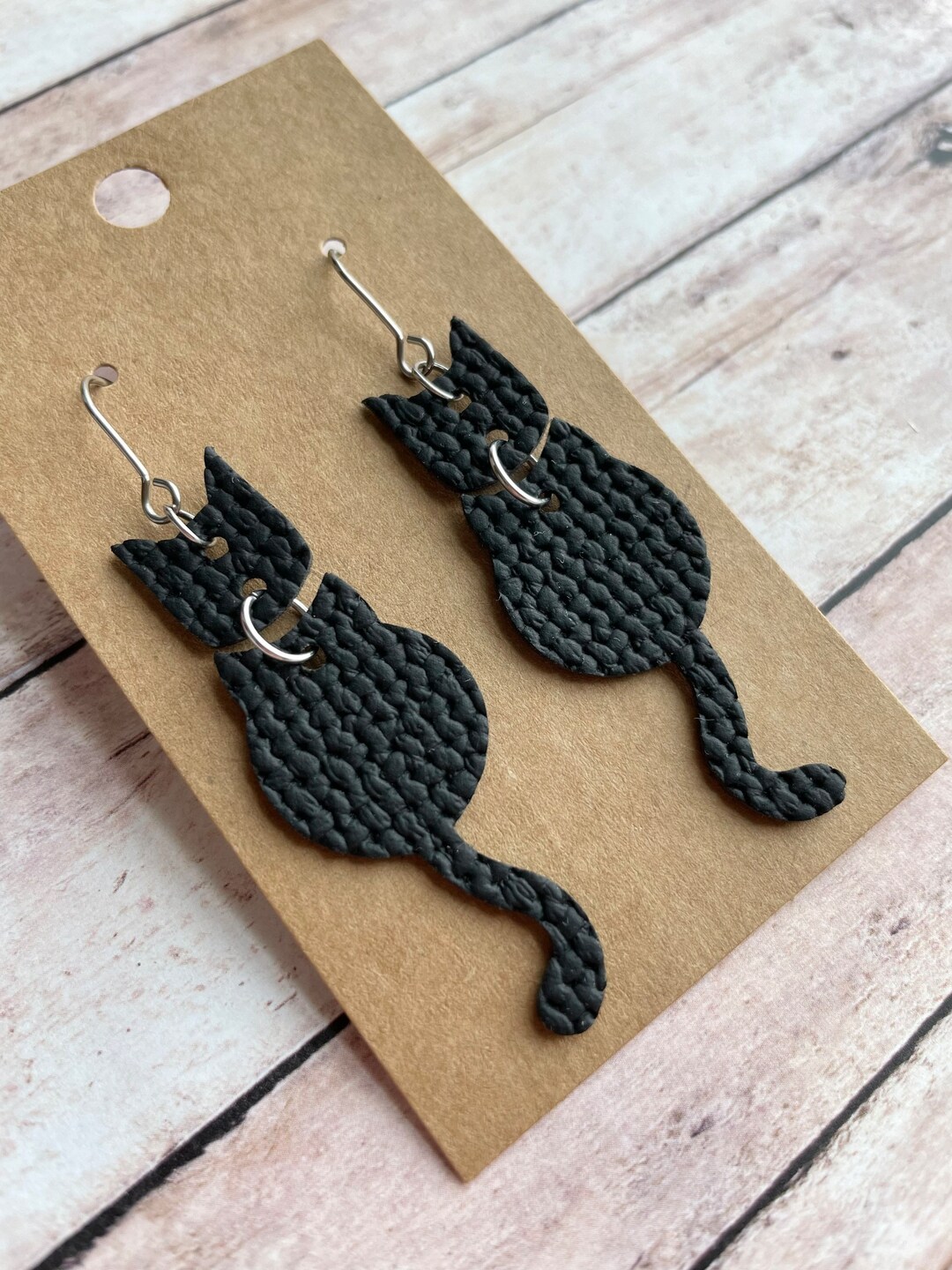 Black Cat Faux Leather Earrings, Trendy Animal Earrings, Stainless