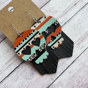 Western Serape Print Skull and Black Double Layered Faux Leather Dangle Earrings, Trendy Fringed Stainless Steel Jewelry