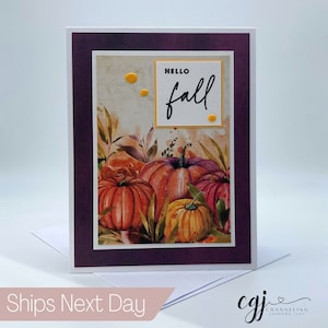 Hello Fall Greeting Card - Handmade with Envelope, Autumn, Leaves, Pumpkins Fall Themed Handmade Card