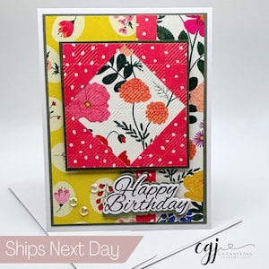 Happy Birthday Card - Handmade with Envelope, Floral and Quilt Birthday Card Homemade for Her