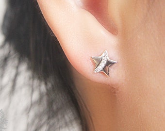 925 Sterling Silver CZ Star Stud Earrings | Cubic Zirconia Tiny Small Mini Celestial Stud Earrings | Minimalist Earrings | Dainty Earrings