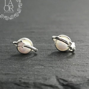 White Opal Planet Saturn and Star Earrings | Solar System White Opal Stud Earrings | Planet and Star Earrings | Minimalist Dainty Jewelry