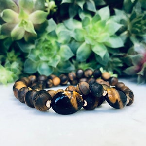 Tigers Eye + poliert Oval Tigers Auge Edelstein Perlen Armband mit 18K vergoldete Spacer | 6mm | 8mm | Natürliche | Heilung | Dehnbar